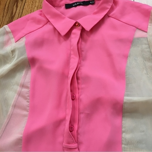 Ark & Co. Sheer button down Long Sleeve Pink Cream color block Blouse shirt - Picture 11 of 16